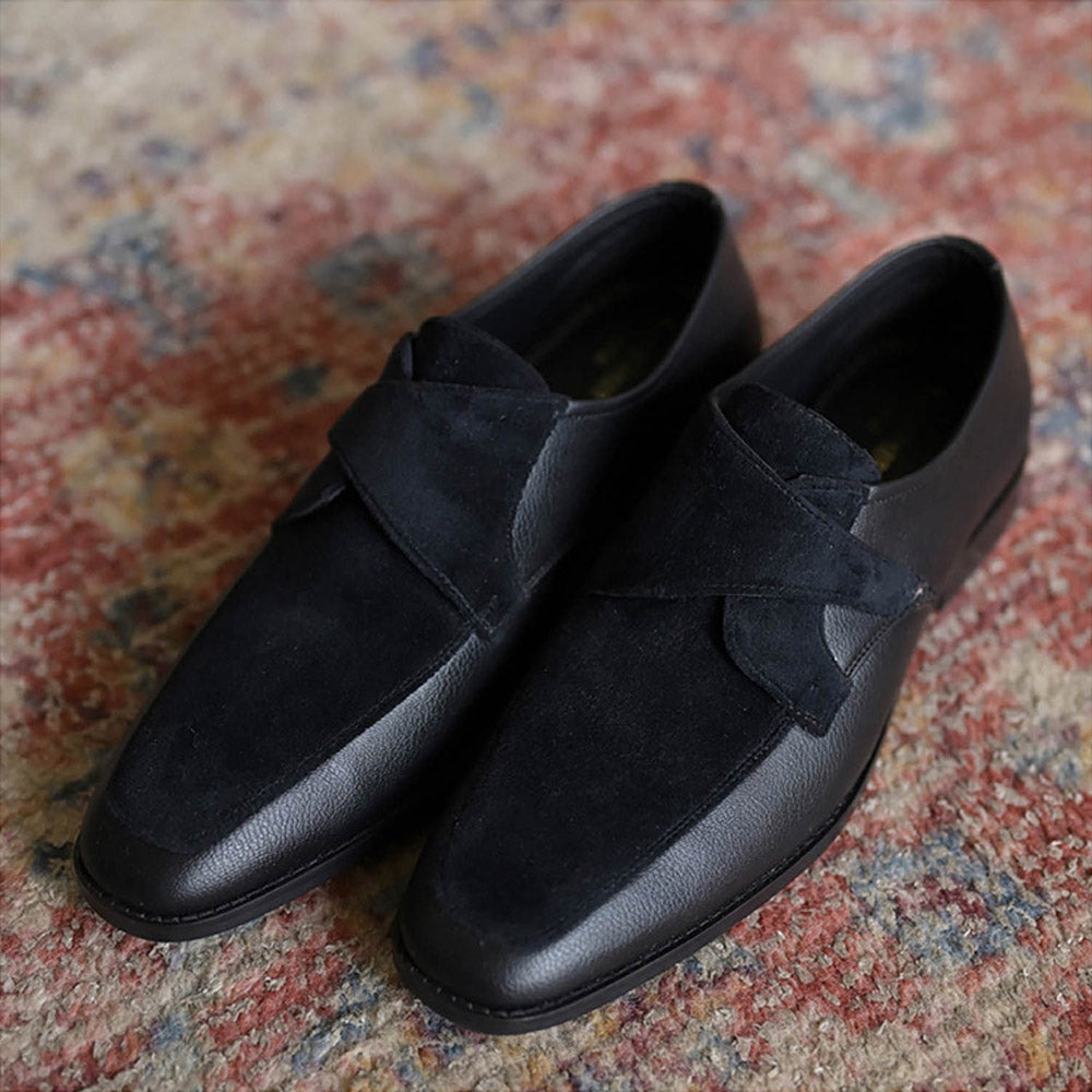 Coral Haze Black Velvet and Faux Leather Loafers