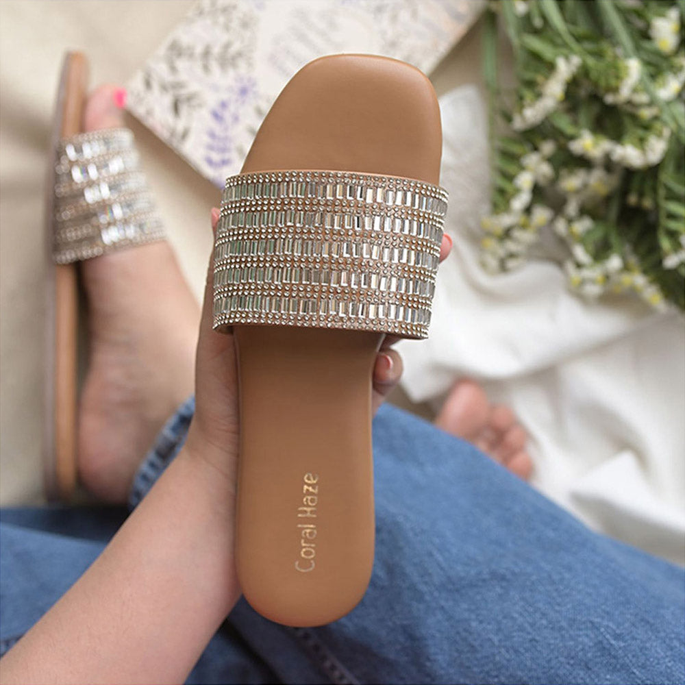 Coral Haze Bling Rhinestone Thick Strap Flats