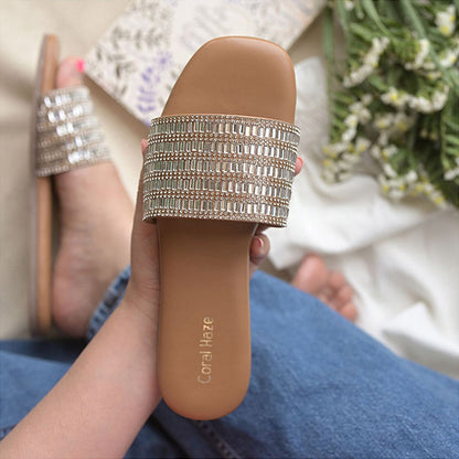 Coral Haze Bling Rhinestone Thick Strap Flats
