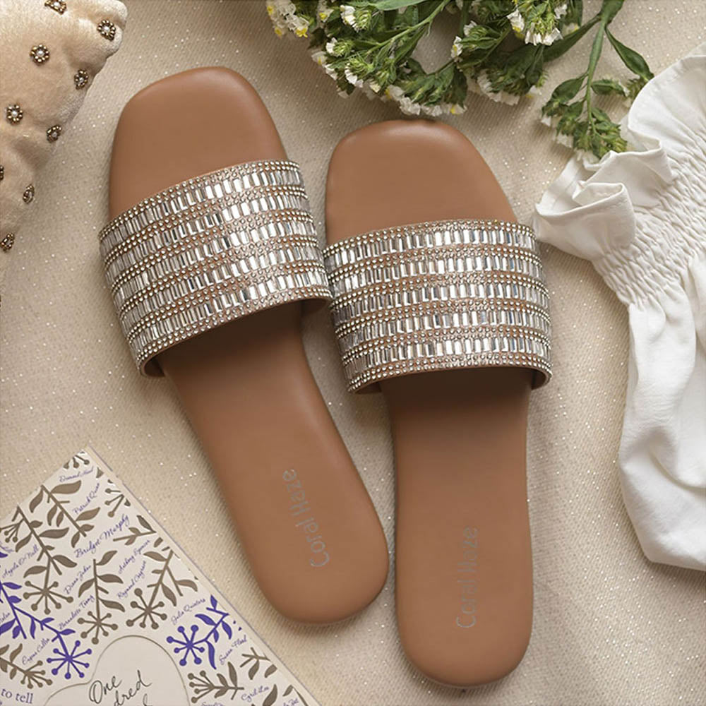 Coral Haze Bling Rhinestone Thick Strap Flats