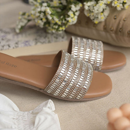 Coral Haze Bling Rhinestone Thick Strap Flats