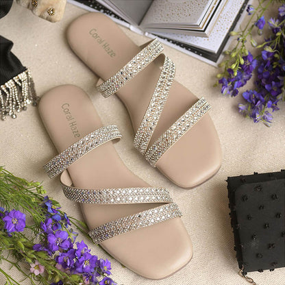 Coral Haze Bling Rhinestone Thin Z-Strap Flats Sandals