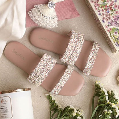 Coral Haze Peach Glitter And Rhinestone Double Straps Flat Sandals