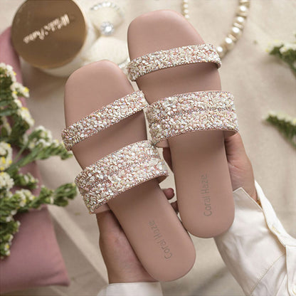 Coral Haze Peach Glitter And Rhinestone Double Straps Flat Sandals