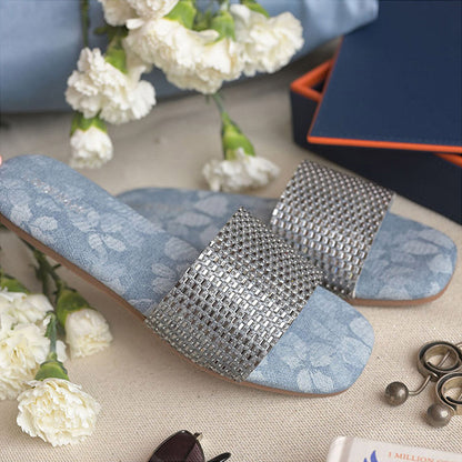 Coral Haze Blue Gunmetal Rhinestone Thick Strap Flats