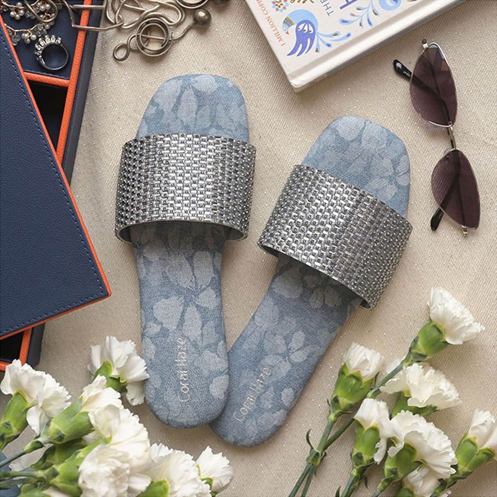 Coral Haze Blue Gunmetal Rhinestone Thick Strap Flats