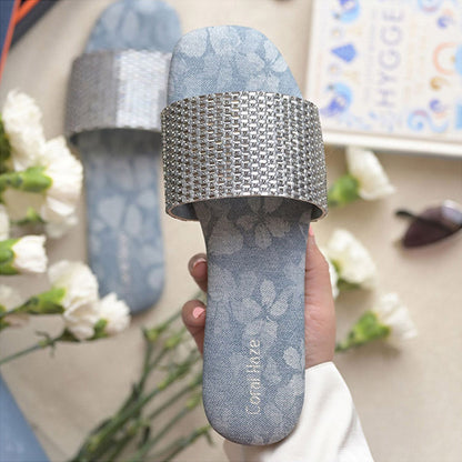 Coral Haze Blue Gunmetal Rhinestone Thick Strap Flats