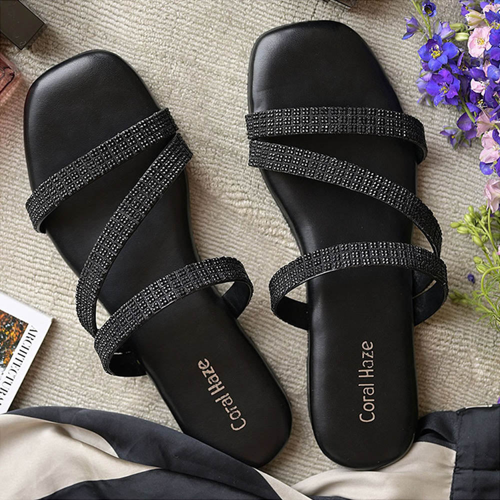 Coral Haze Black Rhinestone Thin Z-Strap Flat Sandals