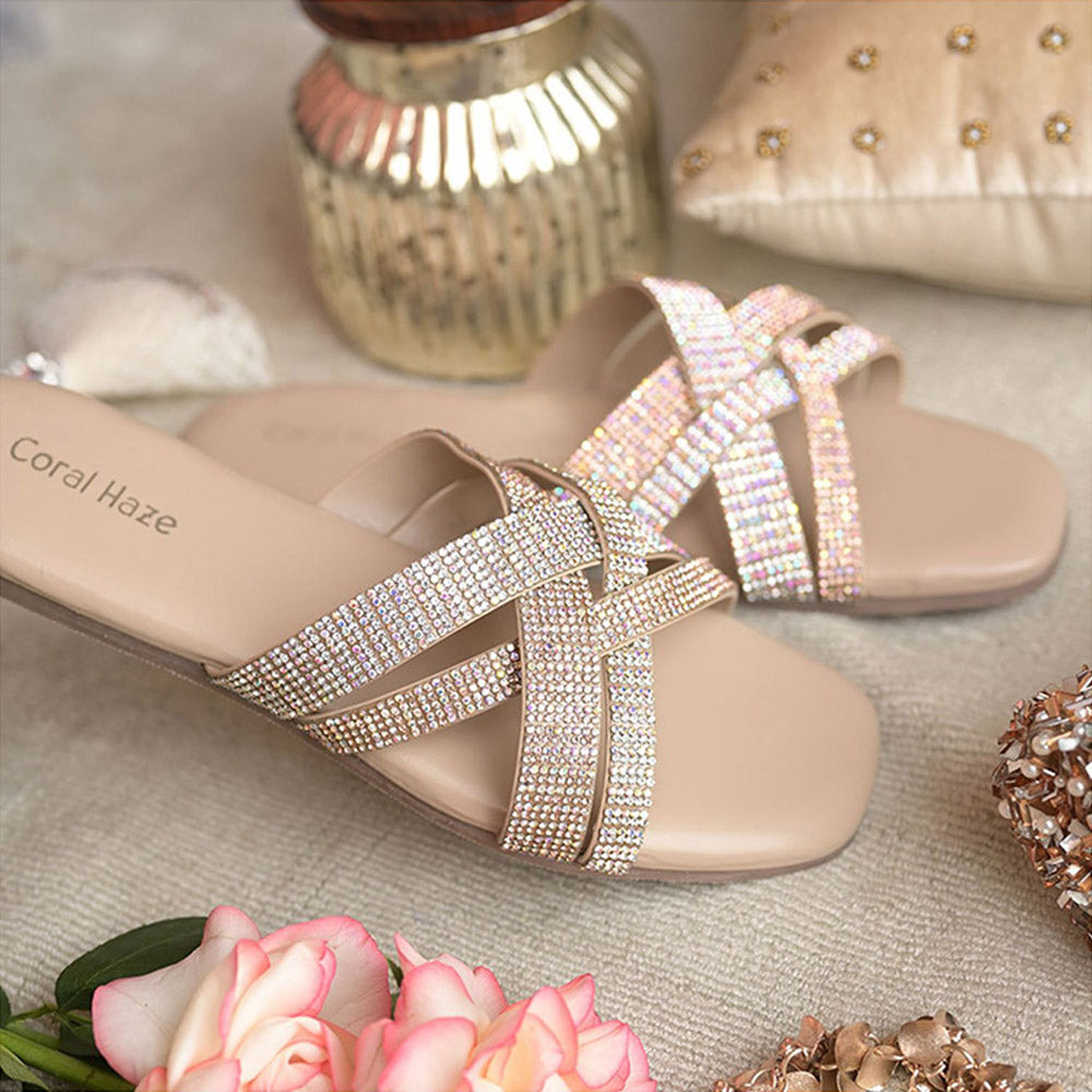 Coral Haze Beige Rose Gold And Silver Bling Criss Cross Rhinestone Straps Flat Sandals