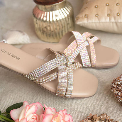 Coral Haze Beige Rose Gold And Silver Bling Criss Cross Rhinestone Straps Flat Sandals