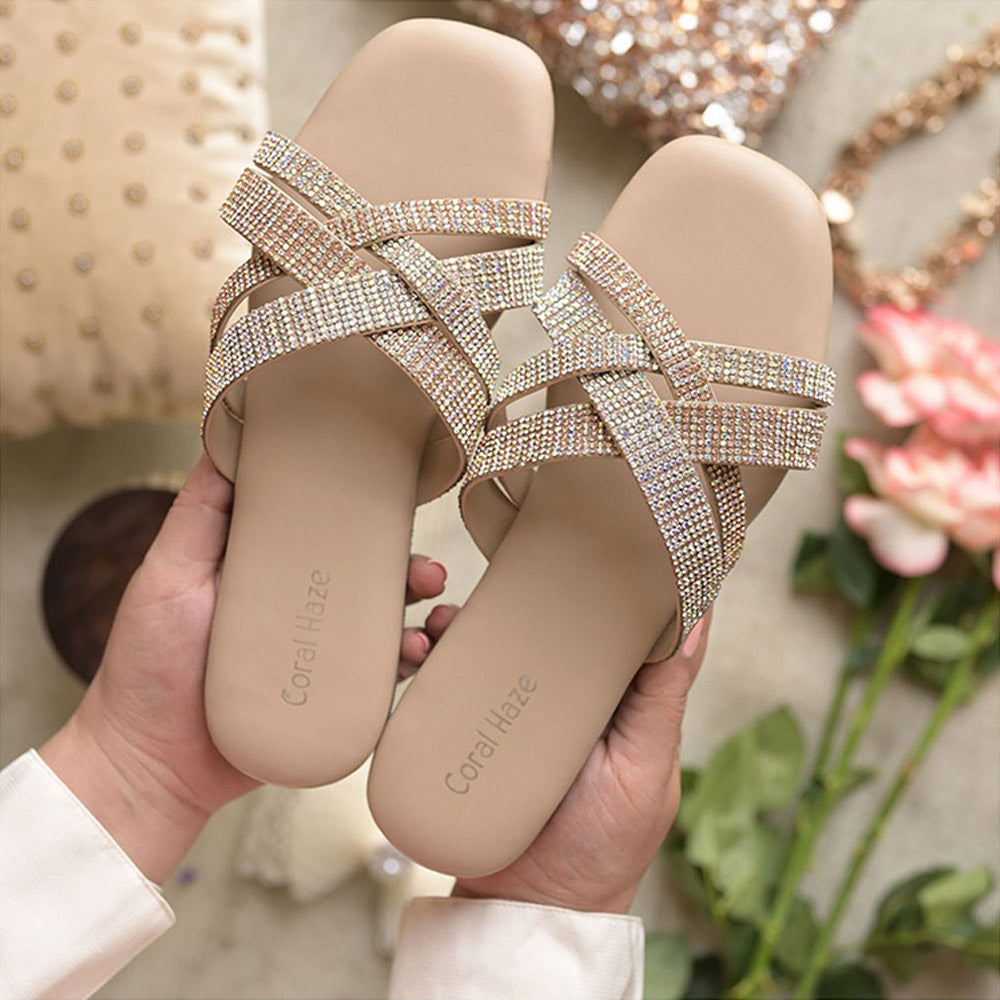 Coral Haze Beige Rose Gold And Silver Bling Criss Cross Rhinestone Straps Flat Sandals