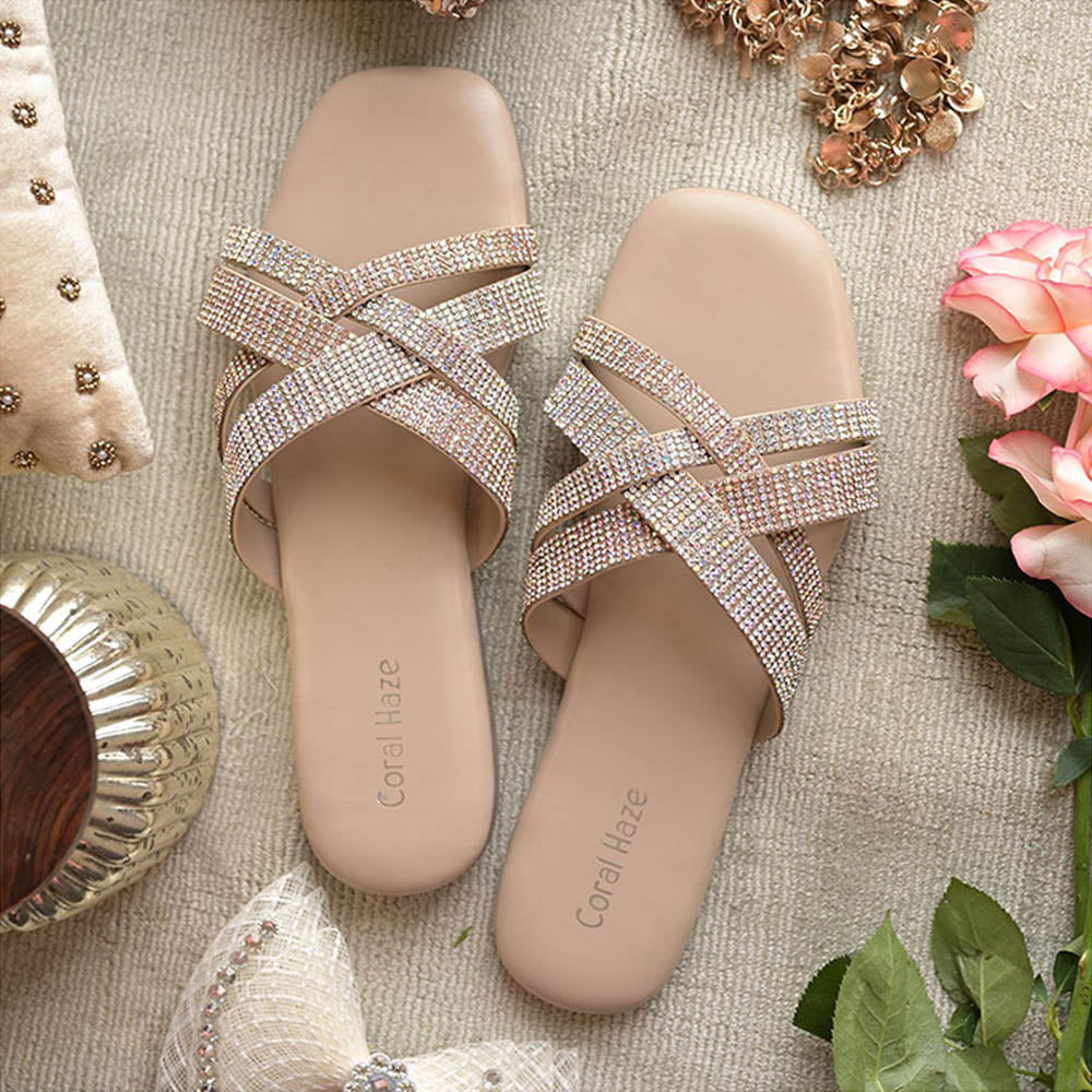 Coral Haze Beige Rose Gold And Silver Bling Criss Cross Rhinestone Straps Flat Sandals