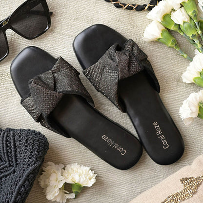 Coral Haze Black Glitter Thick Knot Strap Flat Sandals