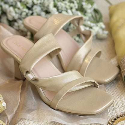Coral Haze Light Gold Leatherette With Multiple Straps And Spool Heels Sandals