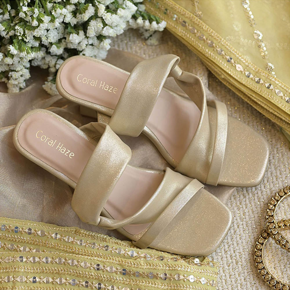 Coral Haze Light Gold Leatherette With Multiple Straps And Spool Heels Sandals