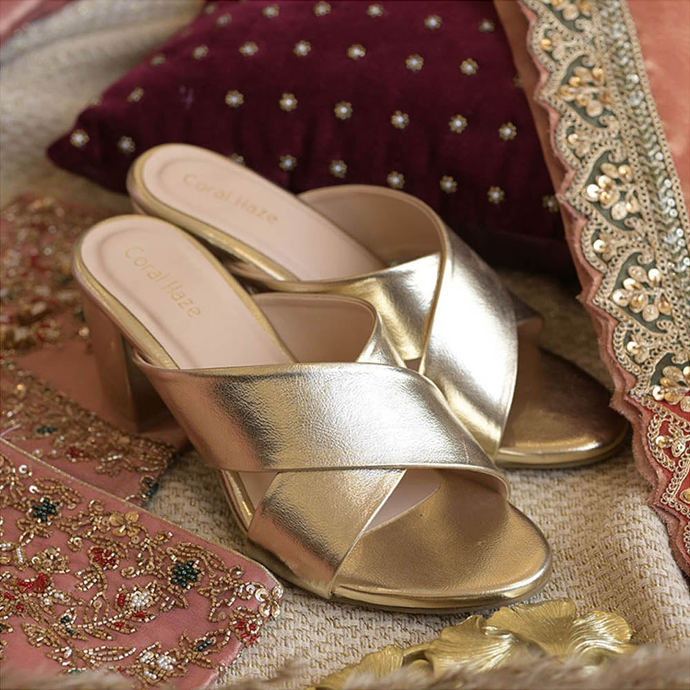 Coral Haze Gold Leatherette Criss Cross Strap With Block Heels Sandals