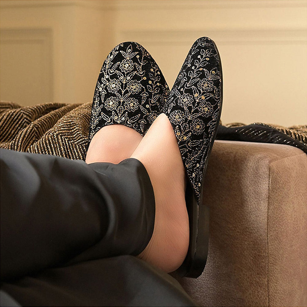 Coral Haze Black Delicate Gold Floral Zari Jaal Work Mules