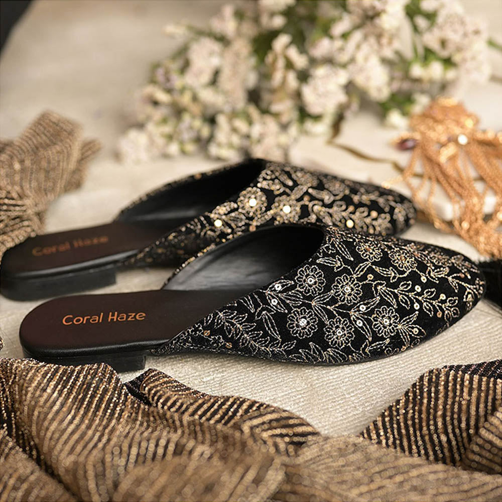 Coral Haze Black Delicate Gold Floral Zari Jaal Work Mules