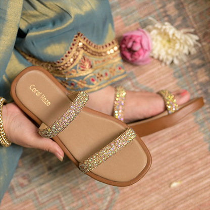 Coral Haze Gold Thick Rhinestone Double Strap Platform Sandals