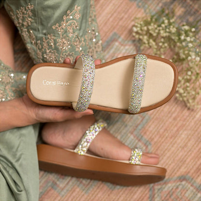 Coral Haze Silver Thick Rhinestone Double Strap Platform Sandals