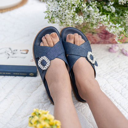 Coral Haze Dark Denim Navy Blue Glitter Cushioned Flatform Sandals