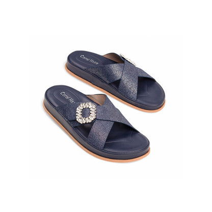 Coral Haze Dark Denim Navy Blue Glitter Cushioned Flatform Sandals