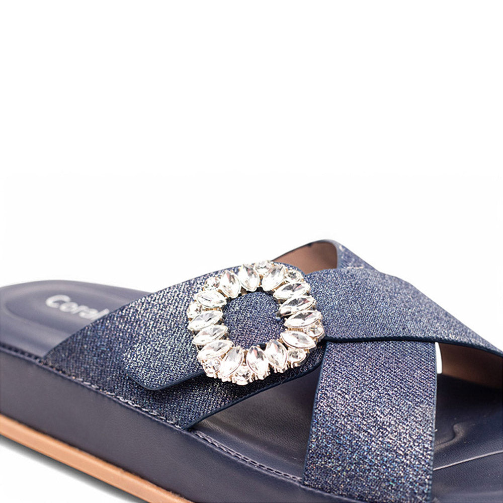 Coral Haze Dark Denim Navy Blue Glitter Cushioned Flatform Sandals