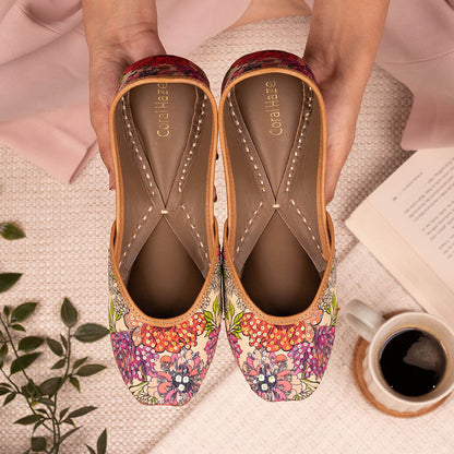 Coral Haze Floral Print Juttis With Hand Embroidered Sequins And Beadwork Lavender
