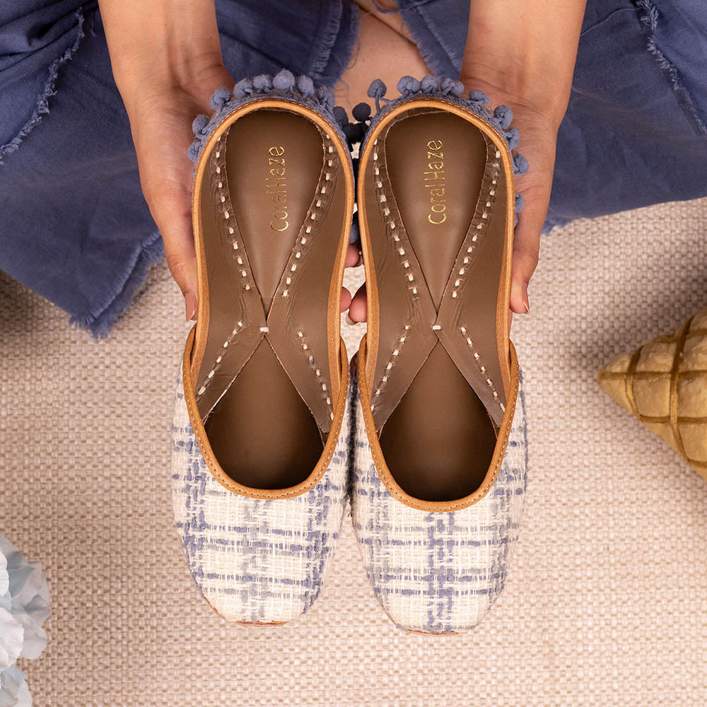 Coral Haze White And Denim Blue Jacquard Juttis With Pom Pom Lace Detailing At The Back