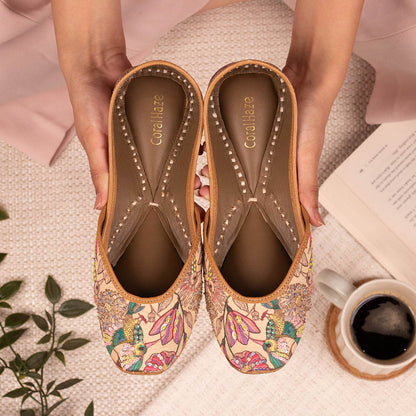 Coral Haze Beige/Pink Floral And Bird Print Juttis With Hand Embroidered Sequins