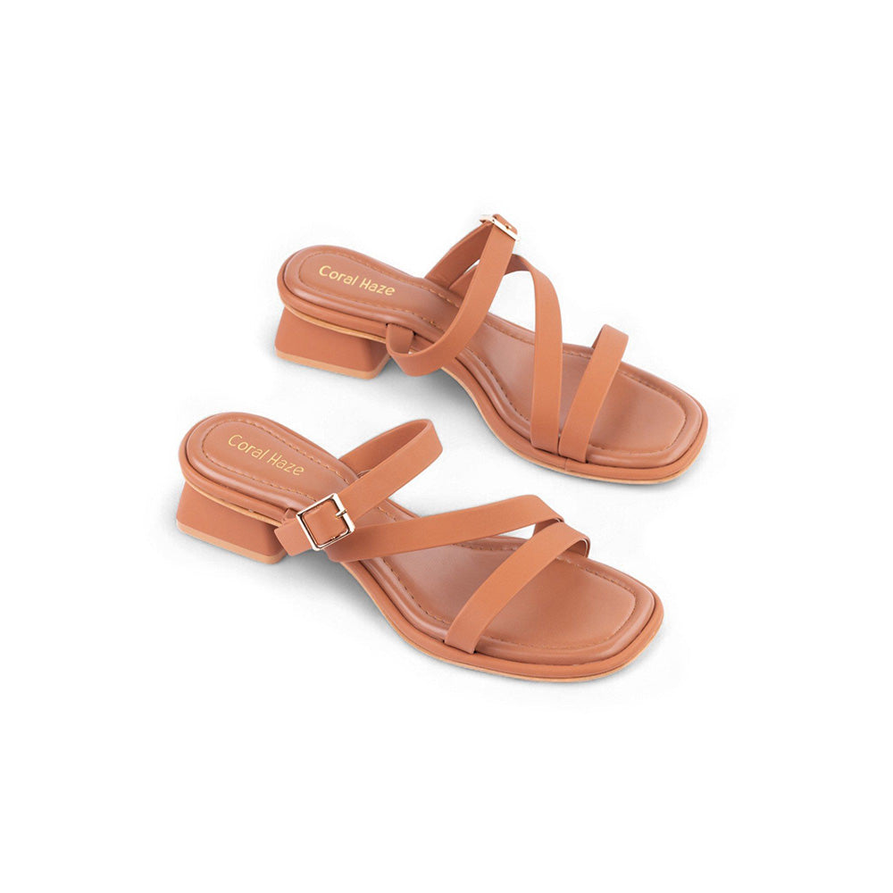 Coral Haze Zaria Tan Multi Strap Heels with Gold Buckle Detailing Sandals