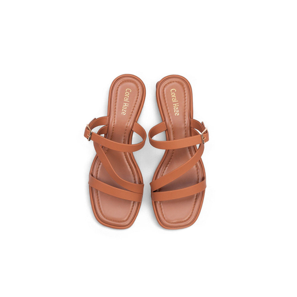 Coral Haze Zaria Tan Multi Strap Heels with Gold Buckle Detailing Sandals