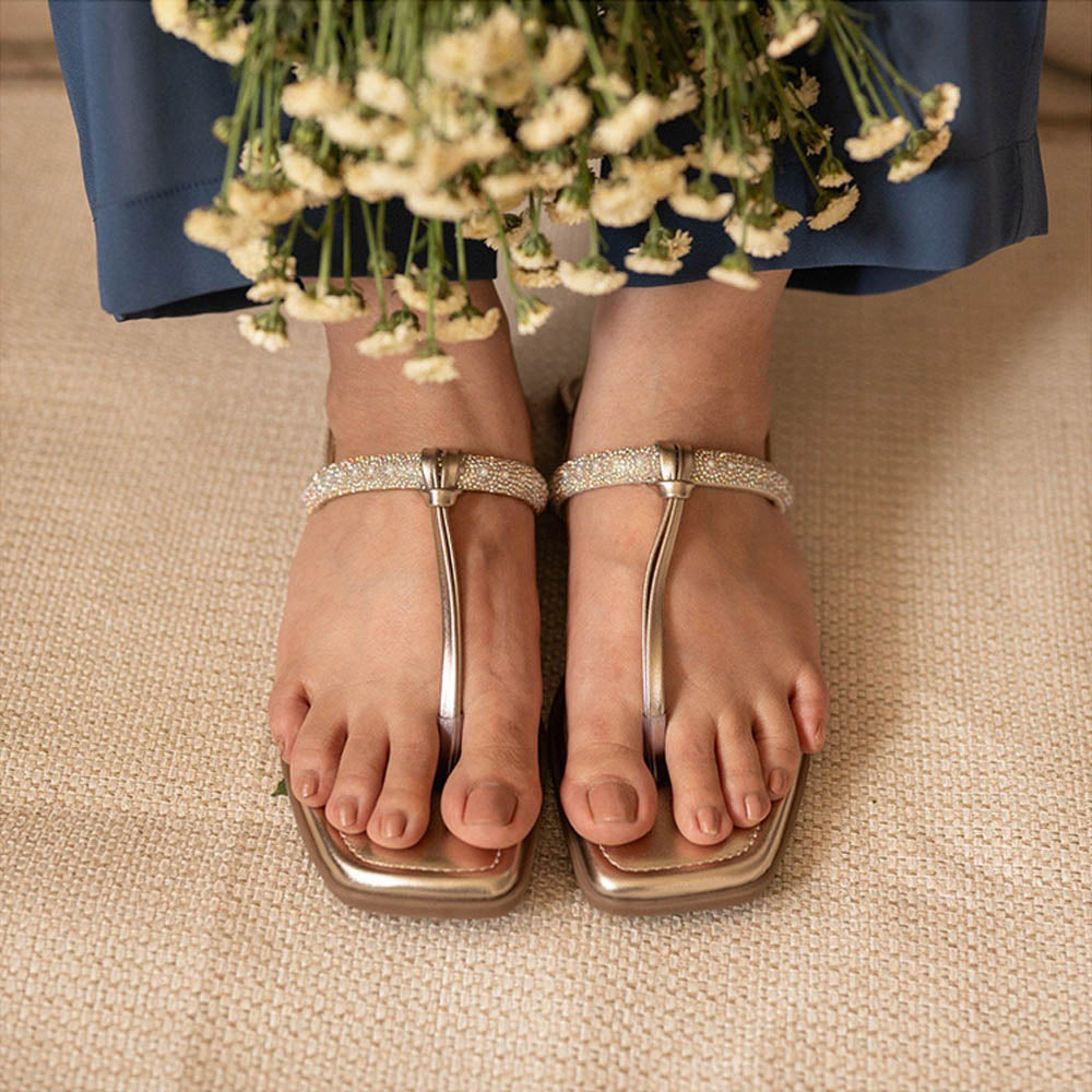 Coral Haze Gold Glint T-Straps Flats for Women