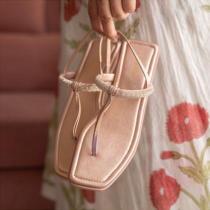 Coral Haze Rose Gold Twinkle T-Strap Flats for Women