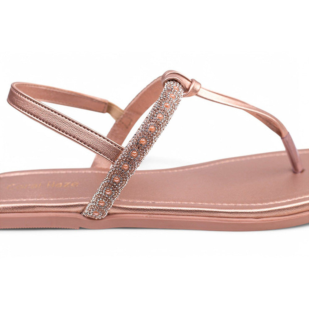 Coral Haze Rose Gold Twinkle T-Strap Flats for Women
