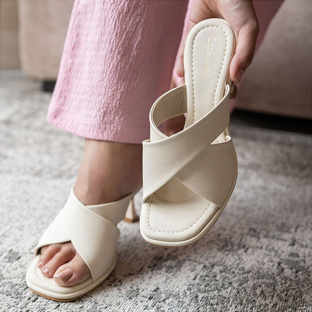 Coral Haze HIRED Ivory Broad Criss Cross Strap Heels