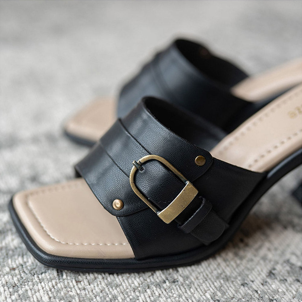 Coral Haze GIRL BOSS Black and Beige Square Toe Heels