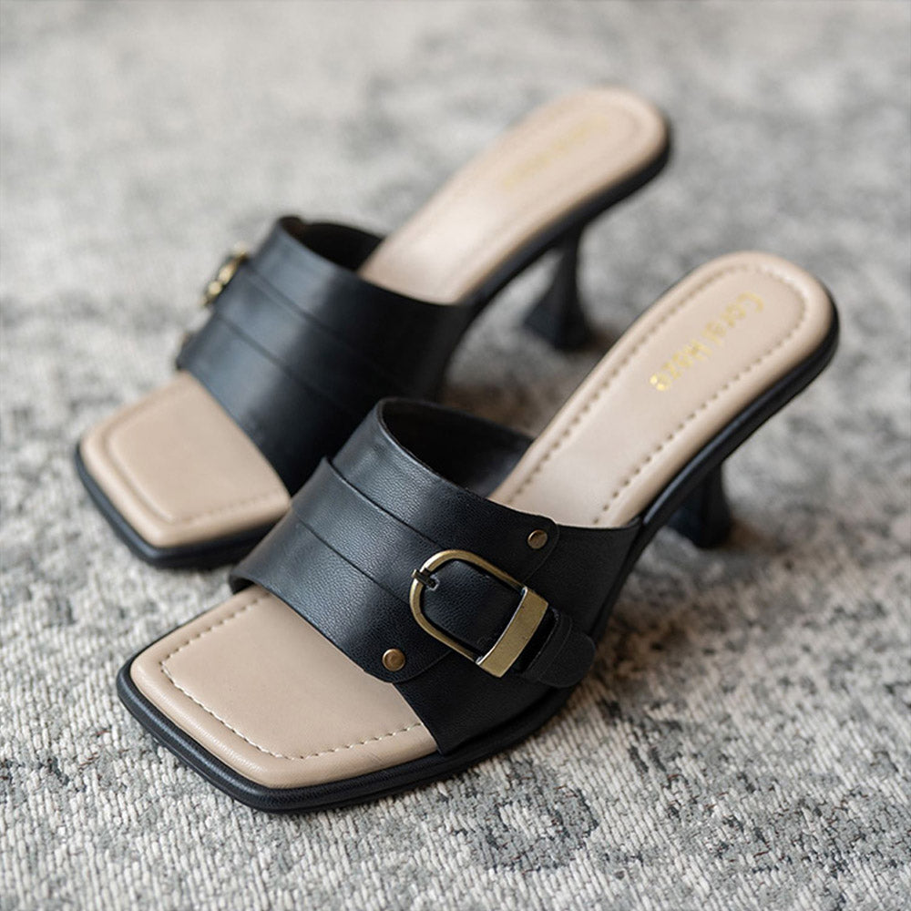 Coral Haze GIRL BOSS Black and Beige Square Toe Heels