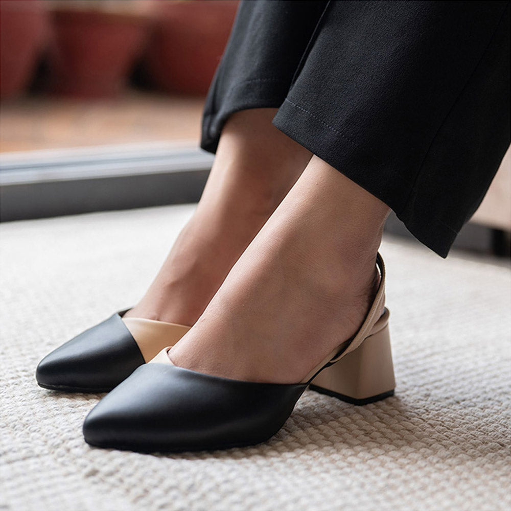 Coral Haze DEADLINE Black and Beige Contract Block Heels