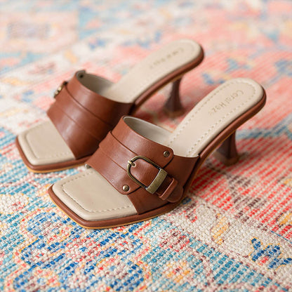 Coral Haze CEO Tan and Beige Square Toe Heels