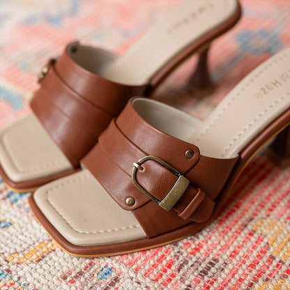 Coral Haze CEO Tan and Beige Square Toe Heels