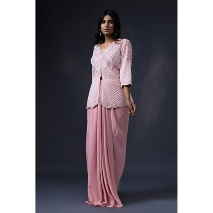 Daatri by meenakshi kakkar Pink Pearl Embroidered Jacket with Drape Skirt (Set of 2)