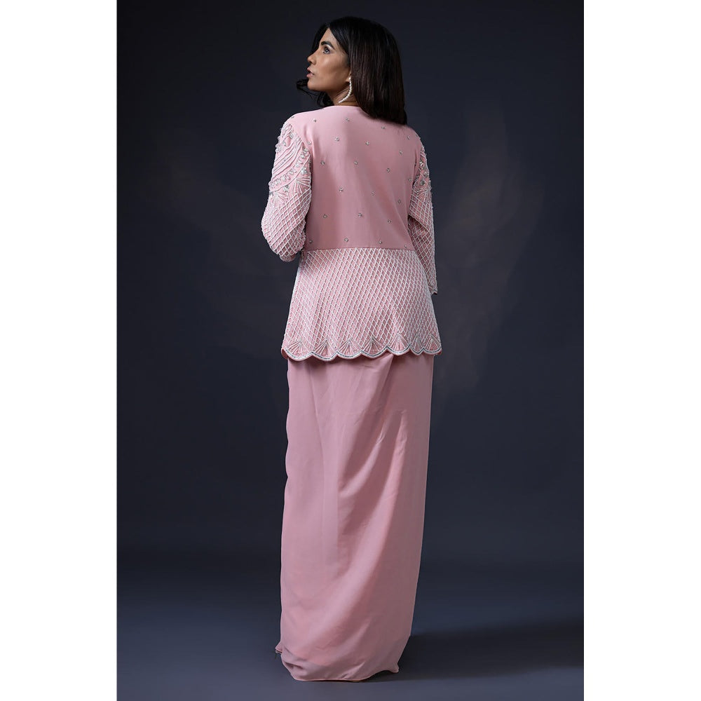 Daatri by meenakshi kakkar Pink Pearl Embroidered Jacket with Drape Skirt (Set of 2)