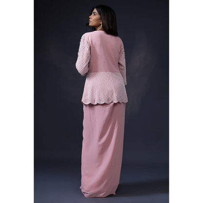 Daatri by meenakshi kakkar Pink Pearl Embroidered Jacket with Drape Skirt (Set of 2)