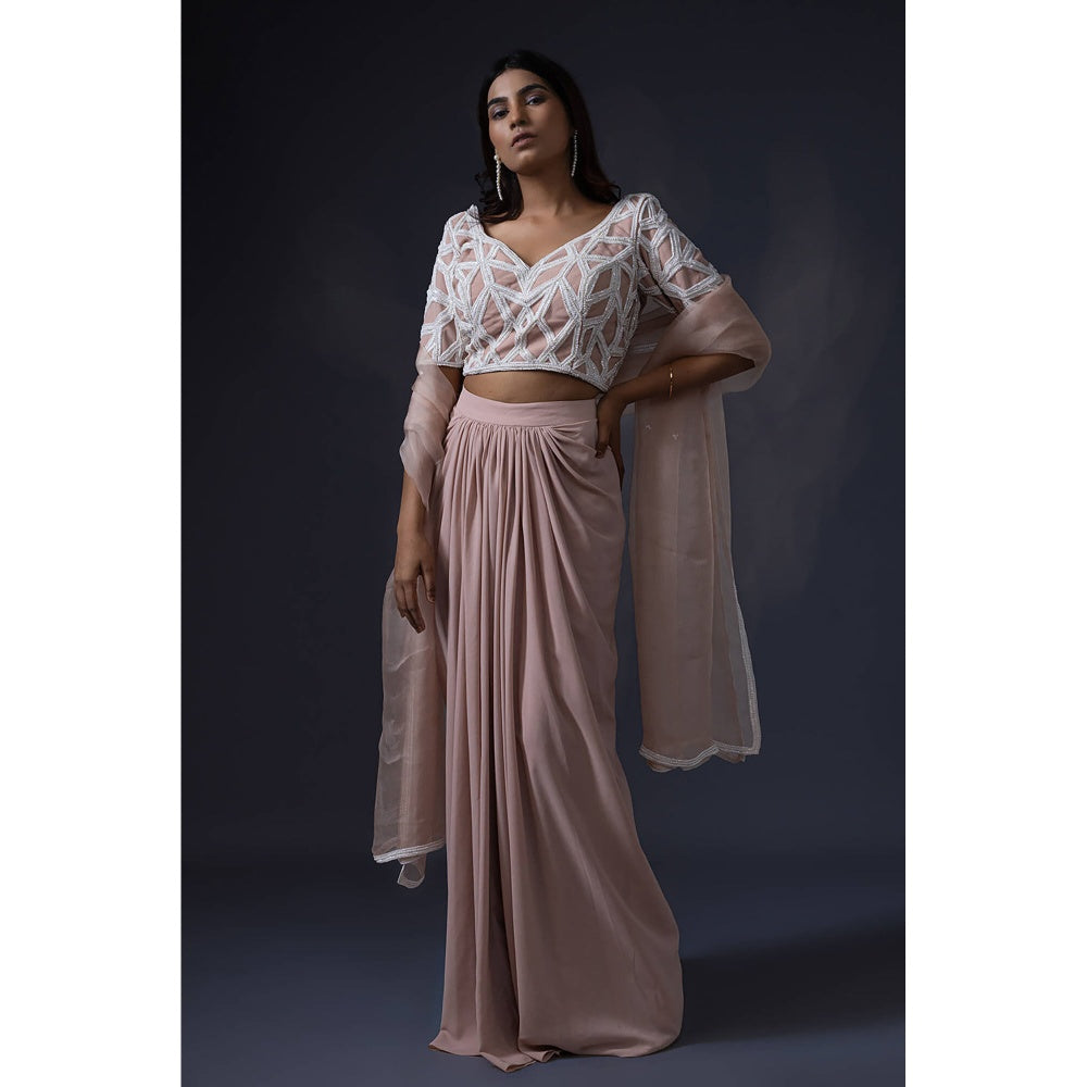 Daatri by meenakshi kakkar Beige Drape Skirt with Embroidered Blouse and Dupatta (Set of 3)