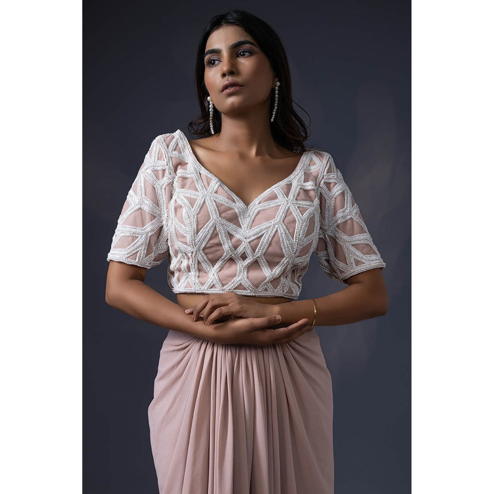 Daatri by meenakshi kakkar Beige Drape Skirt with Embroidered Blouse and Dupatta (Set of 3)