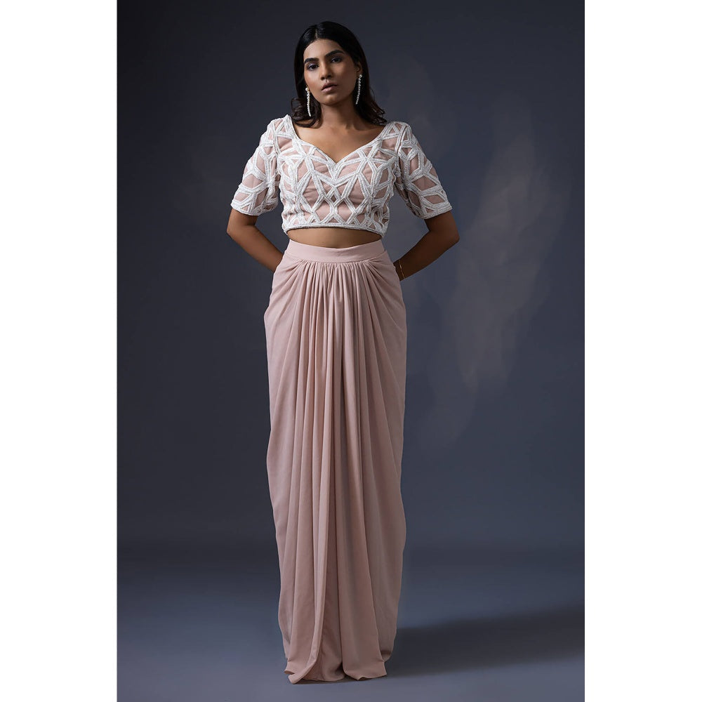 Daatri by meenakshi kakkar Beige Drape Skirt with Embroidered Blouse and Dupatta (Set of 3)