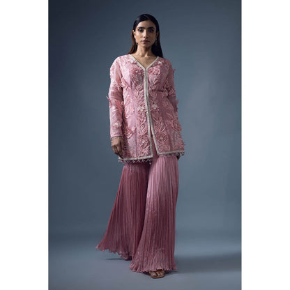 Daatri by meenakshi kakkar Peach 3D Embroidered Jacket with Roached Sharara (Set of 2)