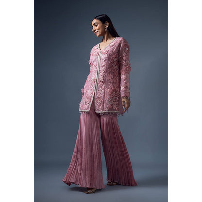 Daatri by meenakshi kakkar Peach 3D Embroidered Jacket with Roached Sharara (Set of 2)