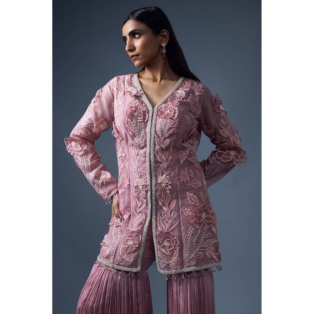 Daatri by meenakshi kakkar Peach 3D Embroidered Jacket with Roached Sharara (Set of 2)